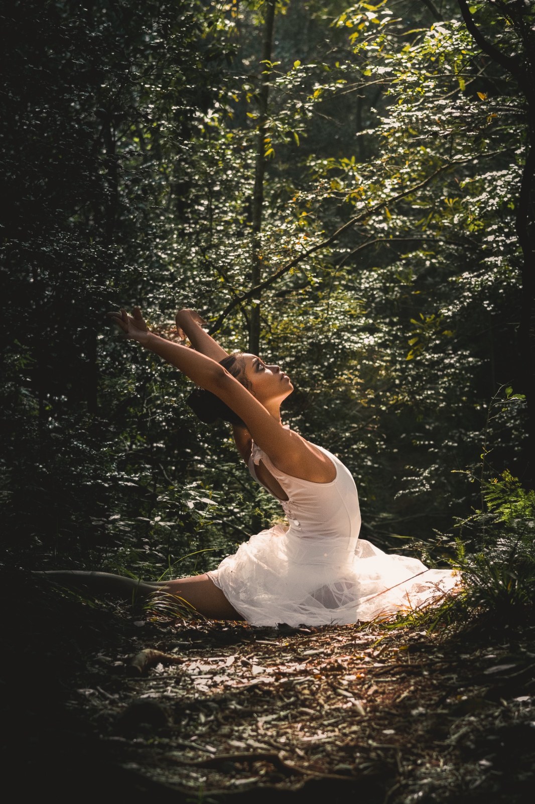 Seated woman stretching both arms behind her in a patch of forest light